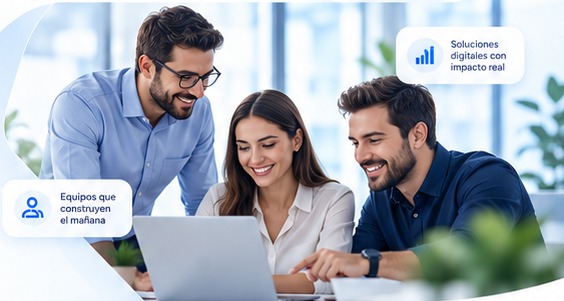 Equipo de trabajo colaborando en un computador